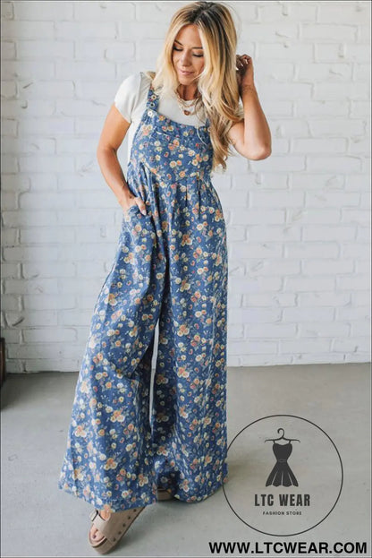 Blue vintage rose printed pleated loose denim overall jumpsuit - jumpsuits & rompers