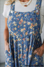 Blue vintage rose printed pleated loose denim overall jumpsuit - jumpsuits & rompers