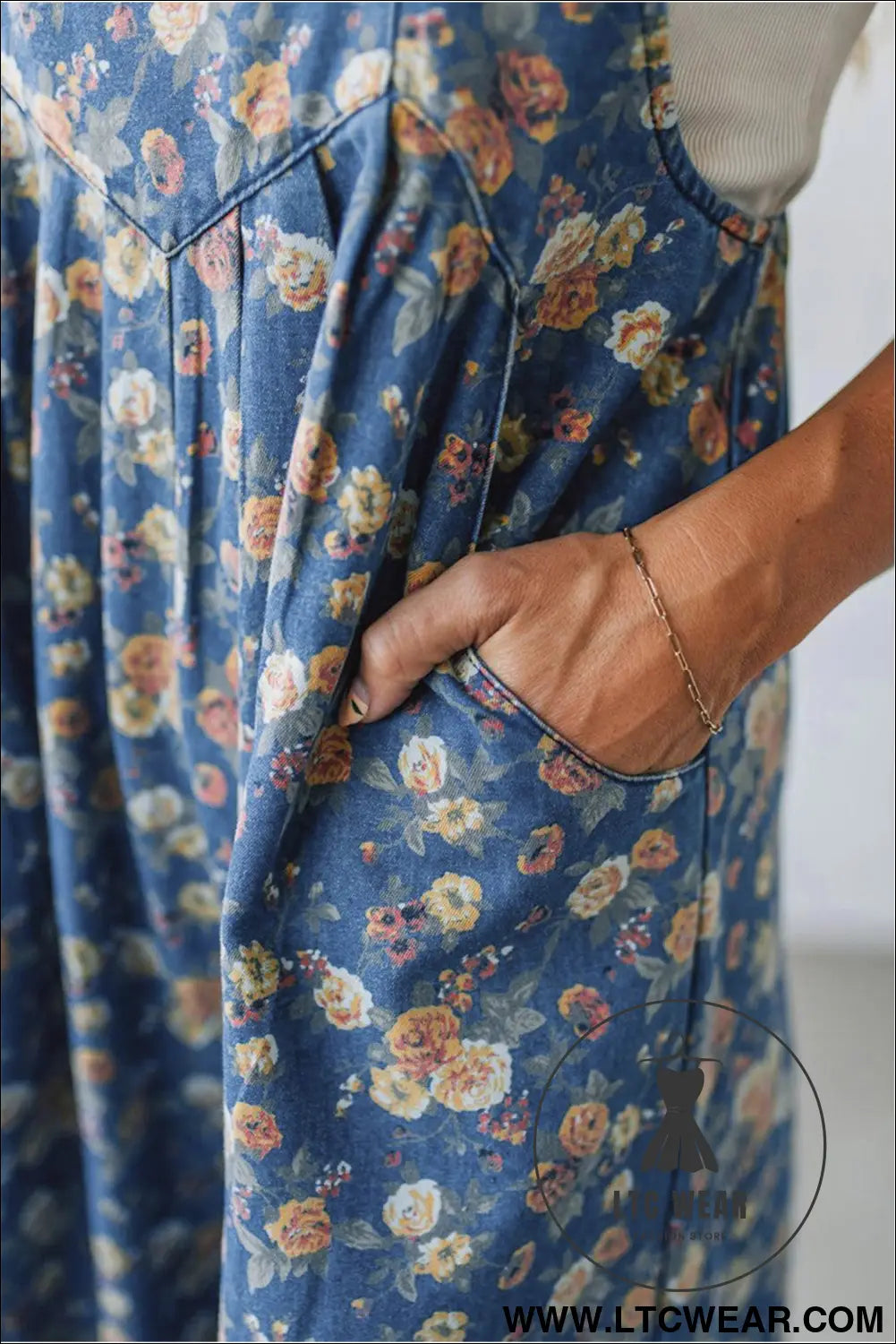 Blue vintage rose printed pleated loose denim overall jumpsuit - jumpsuits & rompers