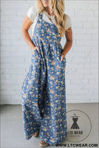 Blue vintage rose printed pleated loose denim overall jumpsuit - blue / l / 60% cotton + 20% polyester + 20% viscose