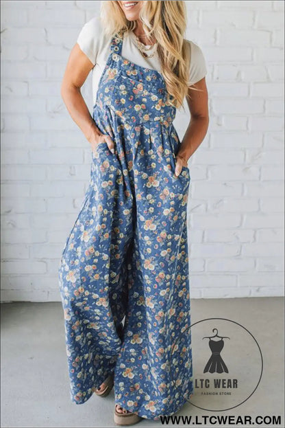 Blue vintage rose printed pleated loose denim overall jumpsuit - blue / l / 60% cotton + 20% polyester + 20% viscose