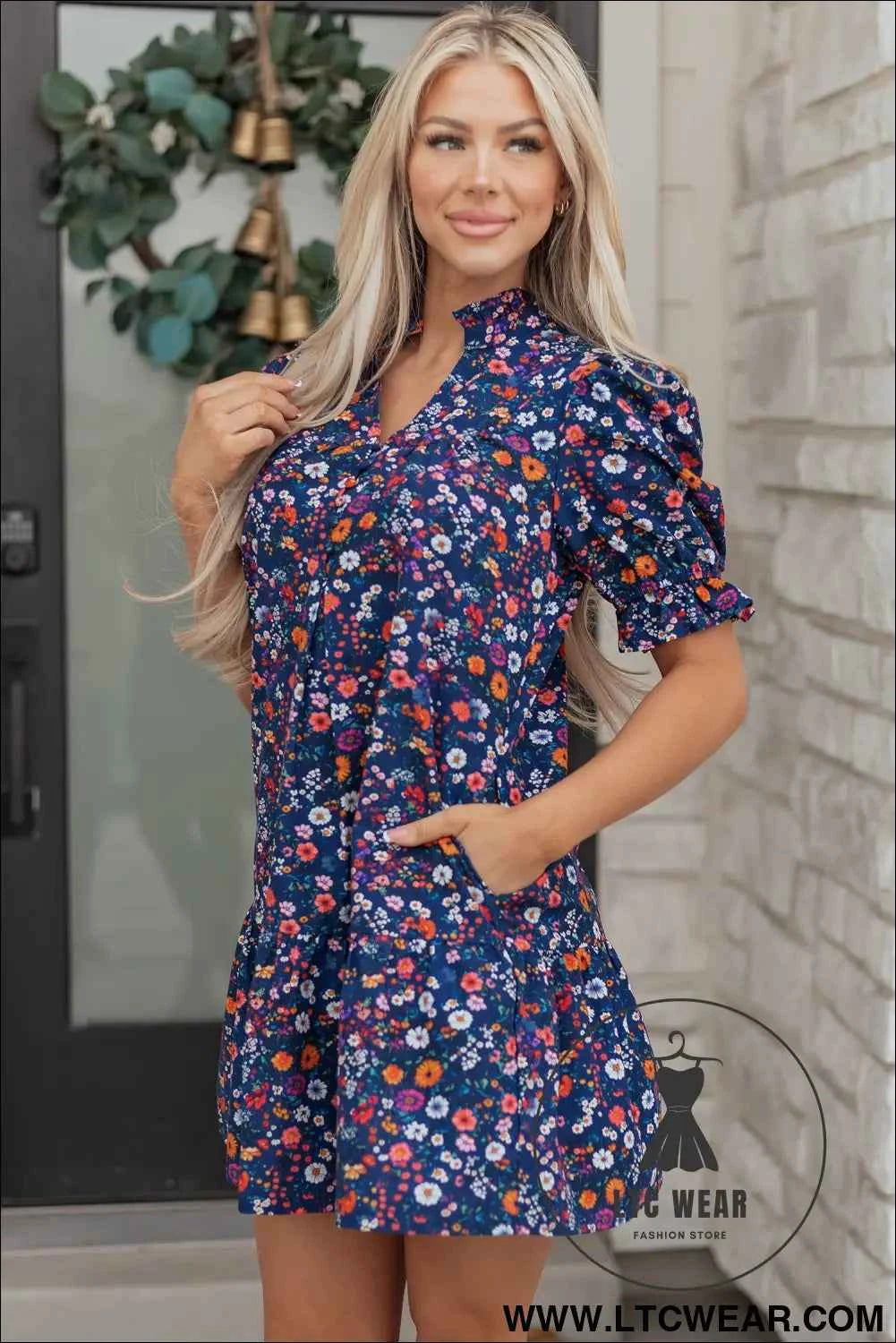 Blue Wild Daisy Floral Split Neck Short Puff Sleeve Mini Dress