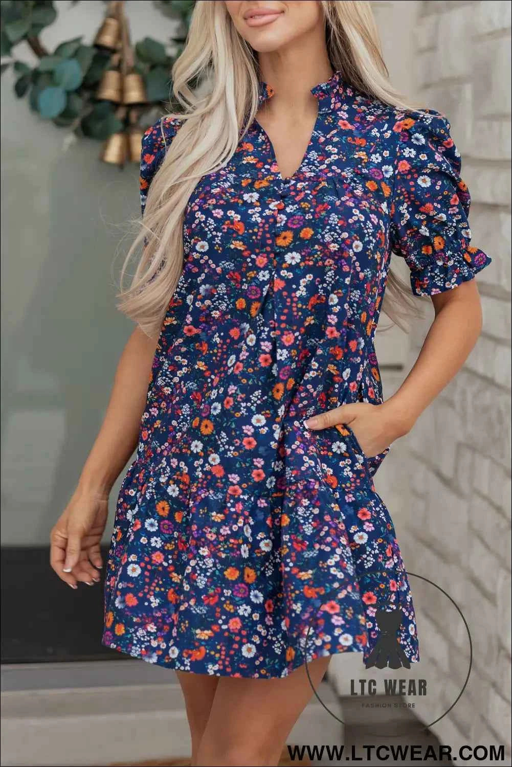 Blue Wild Daisy Floral Split Neck Short Puff Sleeve Mini Dress