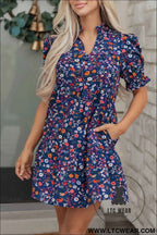 Blue Wild Daisy Floral Split Neck Short Puff Sleeve Mini Dress
