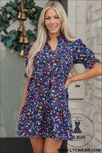 Blue Wild Daisy Floral Split Neck Short Puff Sleeve Mini Dress