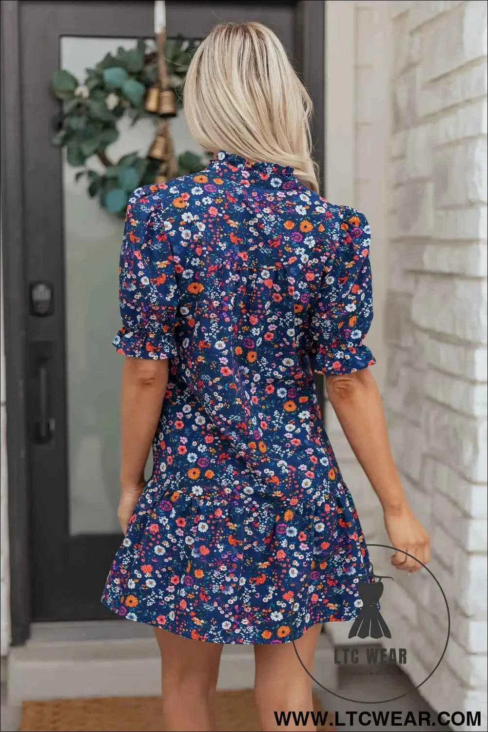Blue Wild Daisy Floral Split Neck Short Puff Sleeve Mini Dress