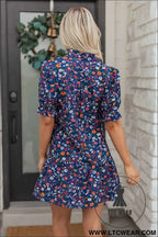 Blue Wild Daisy Floral Split Neck Short Puff Sleeve Mini Dress