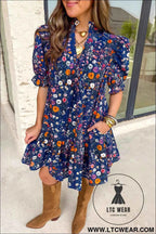 Blue Wild Daisy Floral Split Neck Short Puff Sleeve Mini Dress