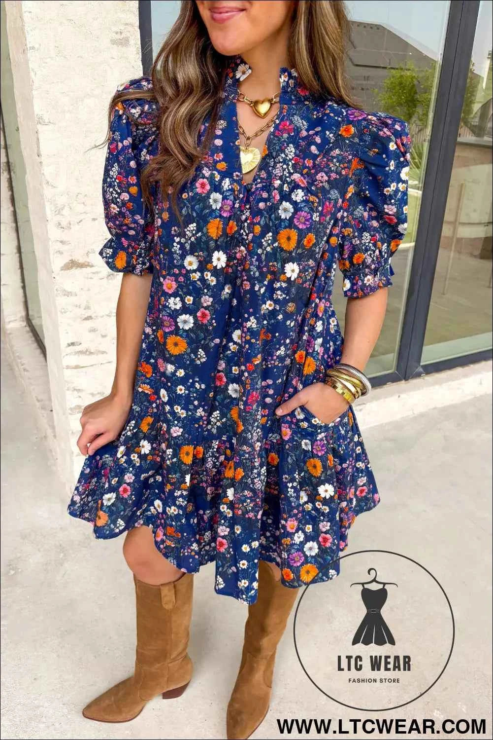 Blue Wild Daisy Floral Split Neck Short Puff Sleeve Mini Dress