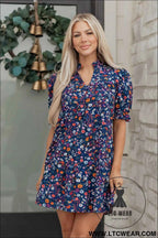 Blue Wild Daisy Floral Split Neck Short Puff Sleeve Mini Dress