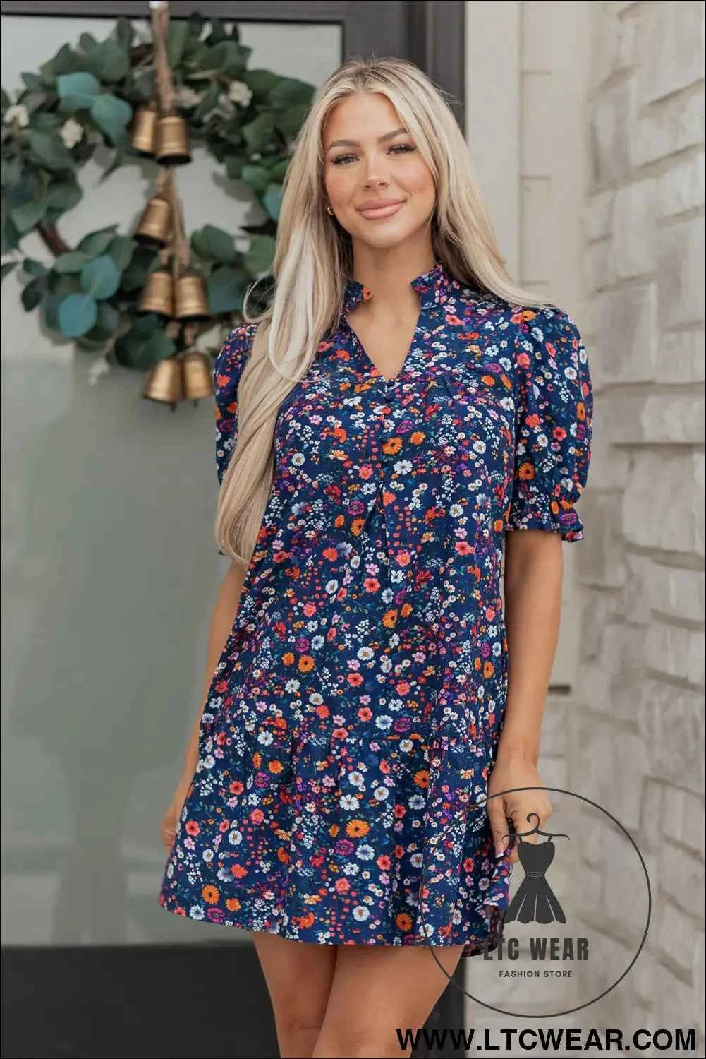 Blue Wild Daisy Floral Split Neck Short Puff Sleeve Mini Dress