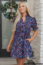 Blue Wild Daisy Floral Split Neck Short Puff Sleeve Mini Dress