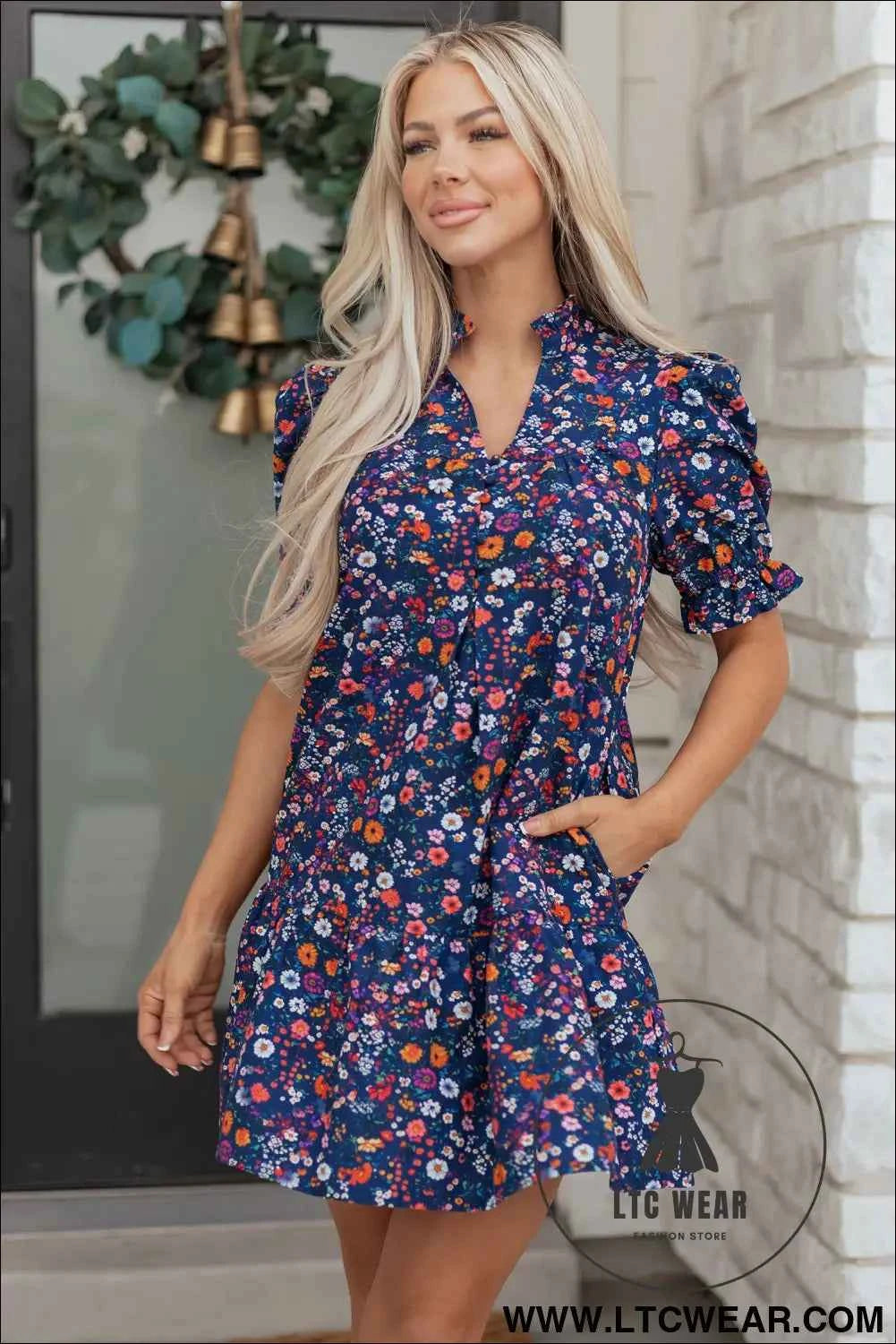 Blue Wild Daisy Floral Split Neck Short Puff Sleeve Mini Dress