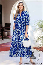 Blue Wild Floral Print Frilled Collar Half Sleeve Long Dress
