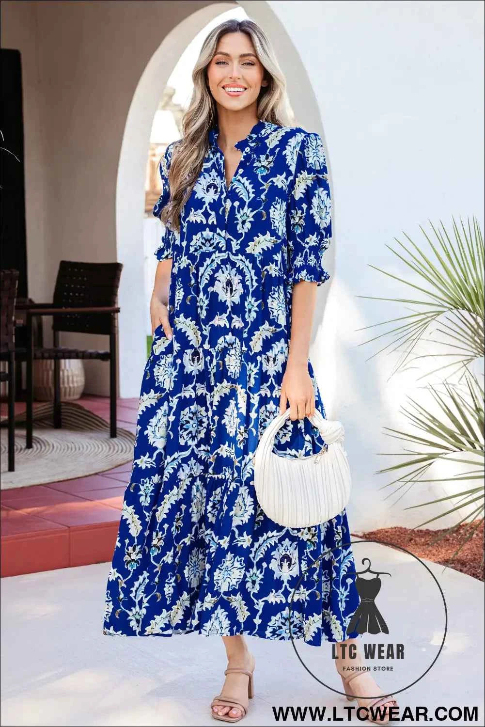 Blue Wild Floral Print Frilled Collar Half Sleeve Long Dress