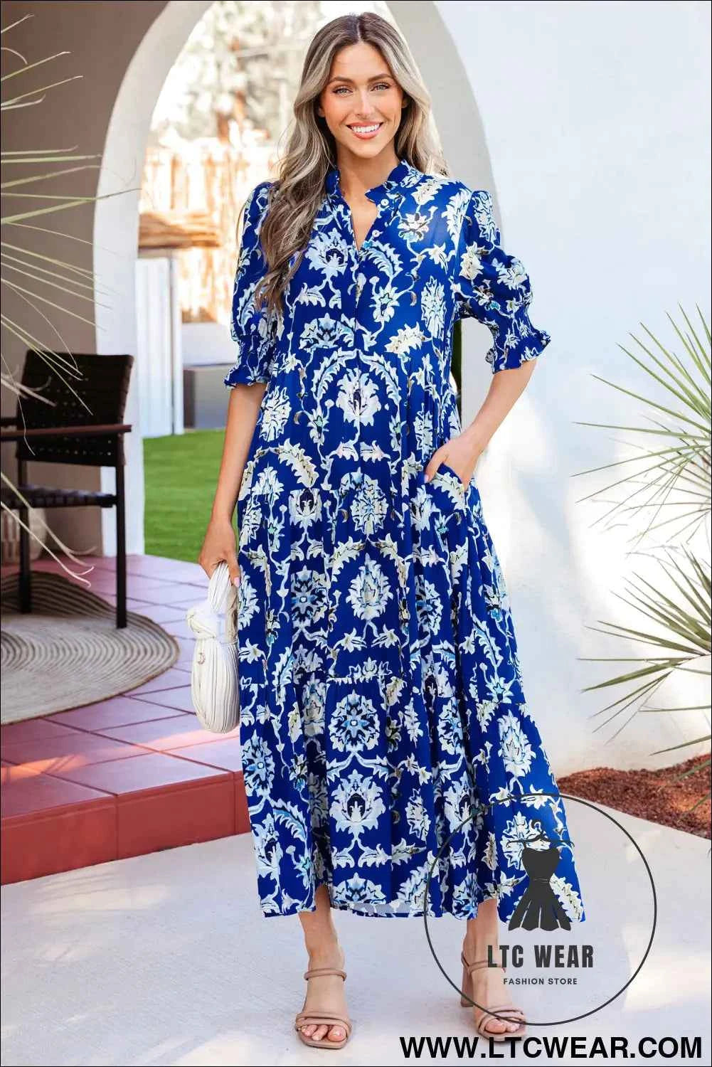Blue Wild Floral Print Frilled Collar Half Sleeve Long Dress