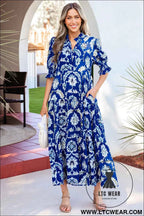 Blue Wild Floral Print Frilled Collar Half Sleeve Long Dress