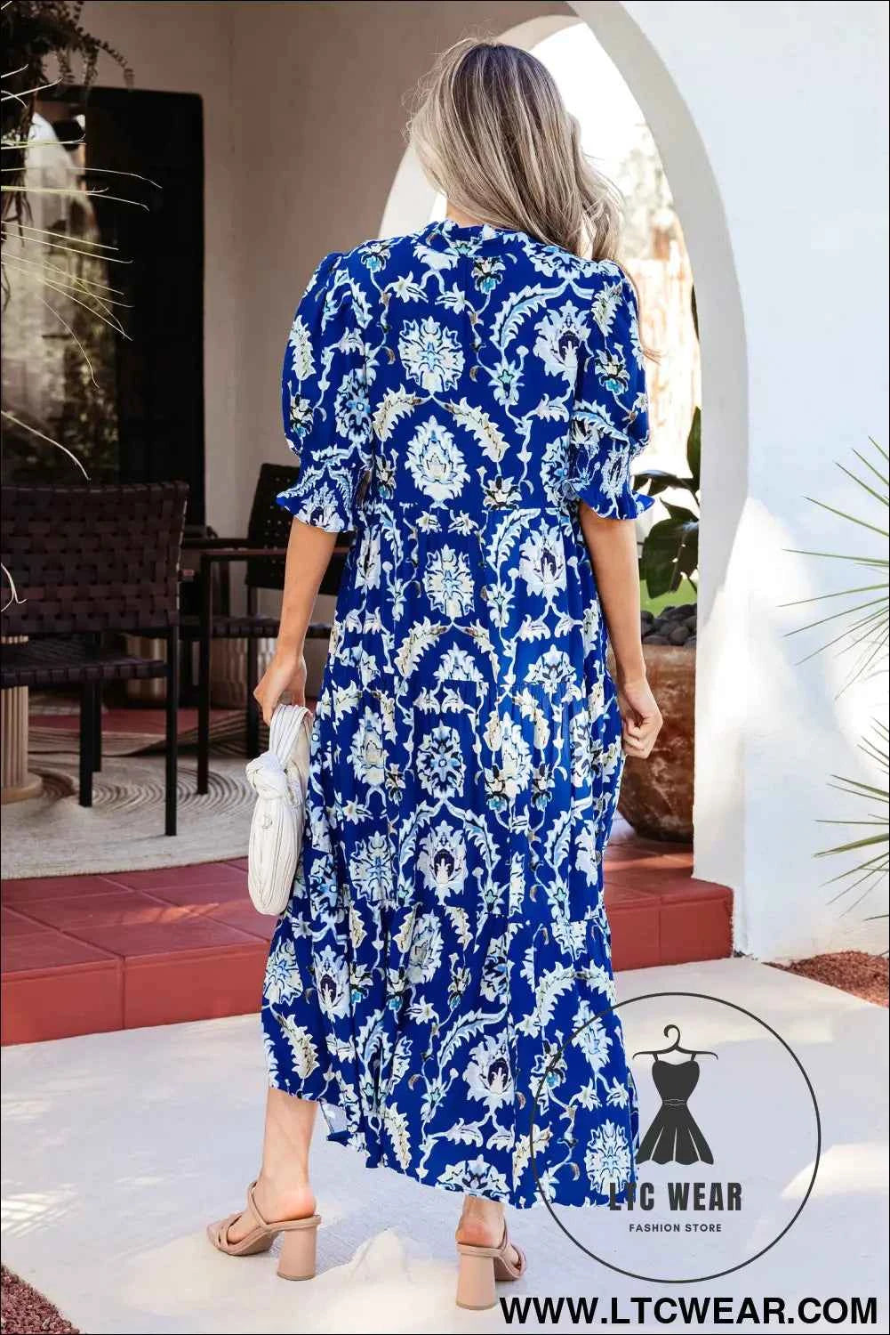 Blue Wild Floral Print Frilled Collar Half Sleeve Long Dress