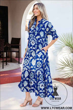Blue Wild Floral Print Frilled Collar Half Sleeve Long Dress
