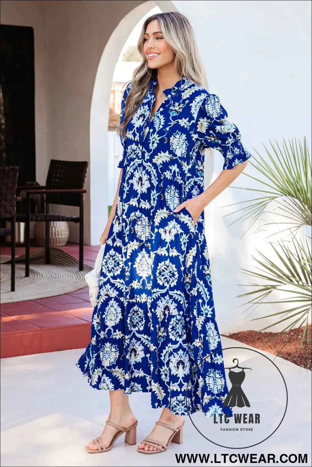 Blue Wild Floral Print Frilled Collar Half Sleeve Long Dress