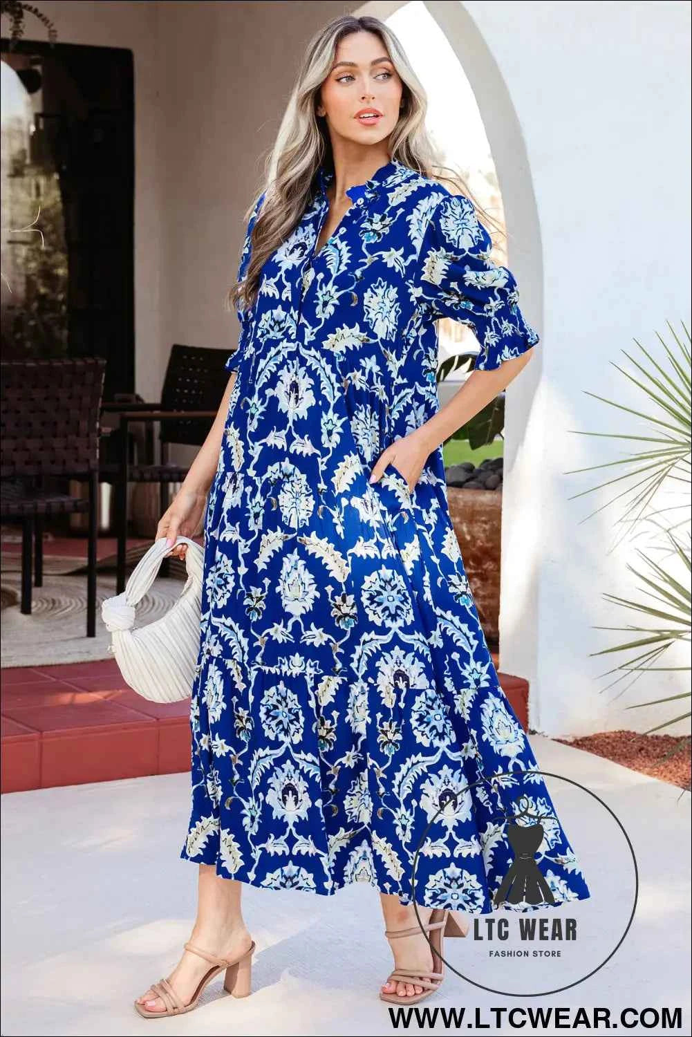 Blue Wild Floral Print Frilled Collar Half Sleeve Long Dress