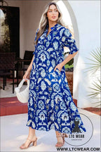 Blue Wild Floral Print Frilled Collar Half Sleeve Long Dress