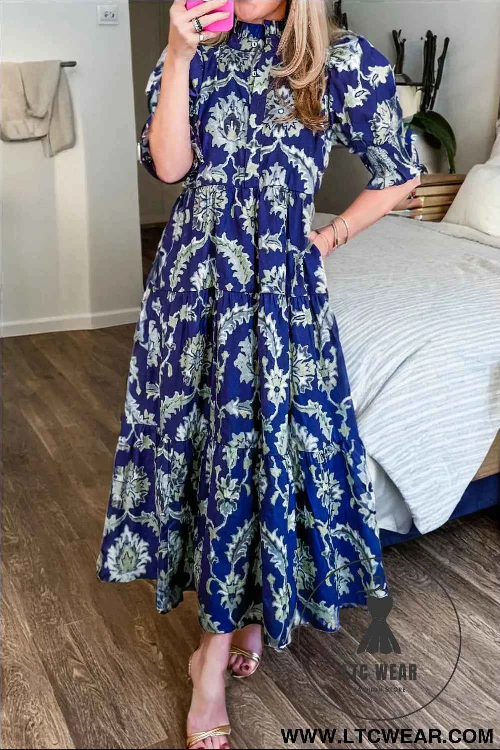 Blue Wild Floral Print Frilled Collar Half Sleeve Long Dress