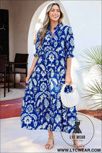 Blue Wild Floral Print Frilled Collar Half Sleeve Long Dress