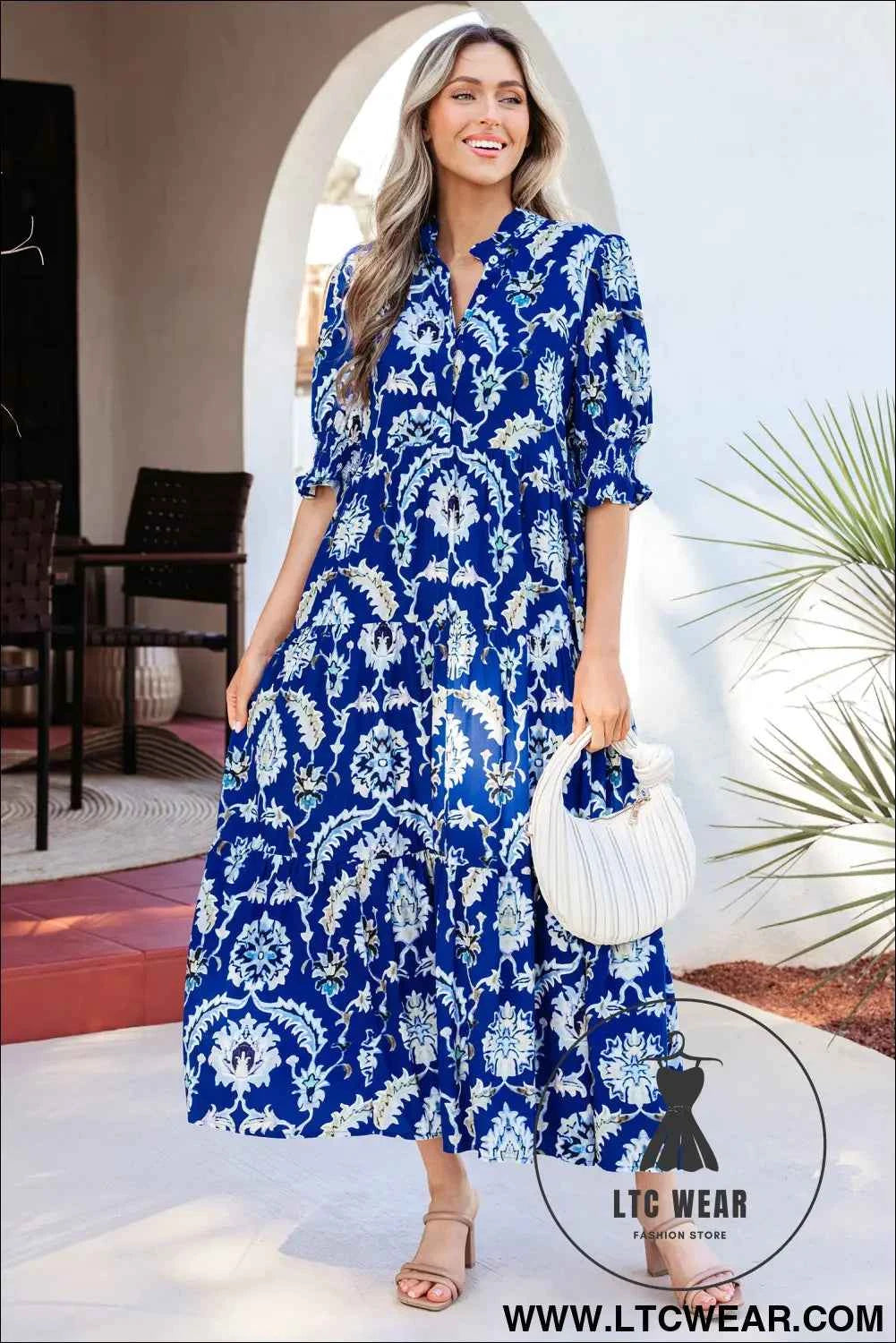 Blue Wild Floral Print Frilled Collar Half Sleeve Long Dress