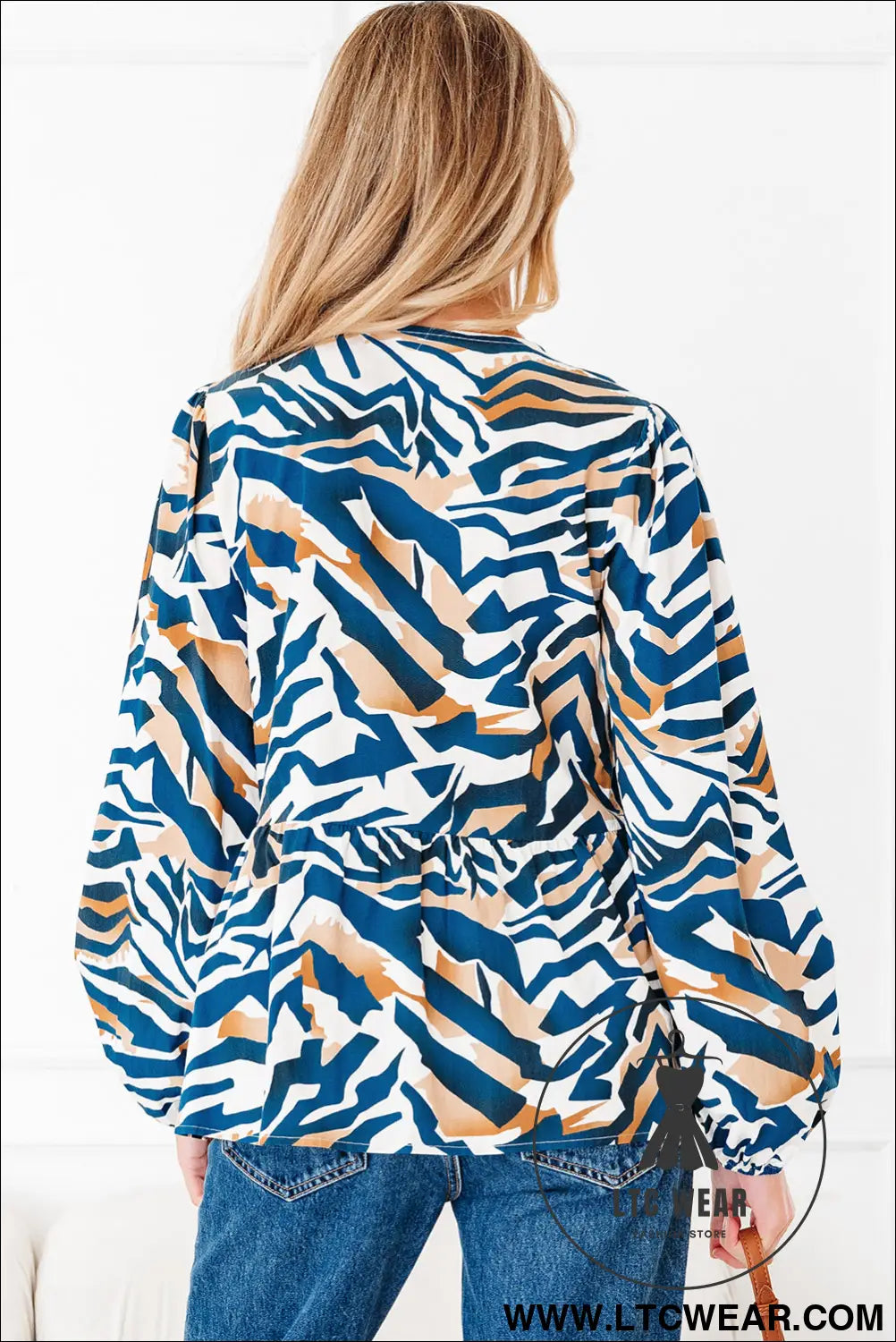 Blue Zebra Print Tied Front Puff Sleeve Top - L.T.C Wear Online Fashion Store