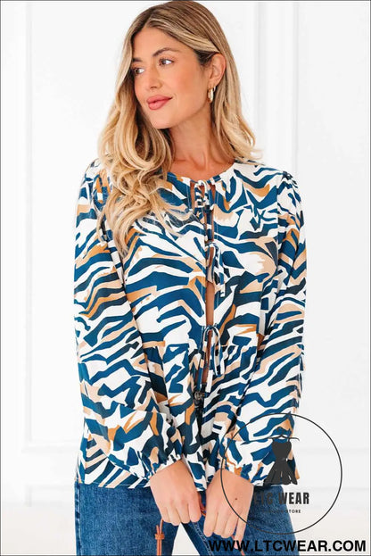 Blue Zebra Print Tied Front Puff Sleeve Top