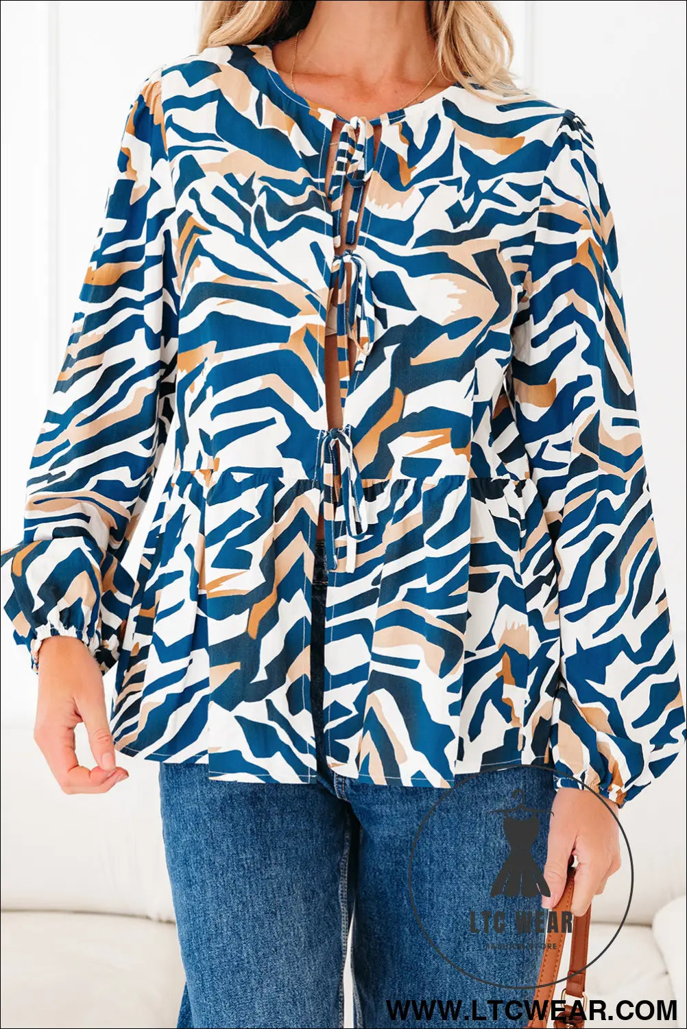 Blue Zebra Print Tied Front Puff Sleeve Top - L.T.C Wear Online Fashion Store
