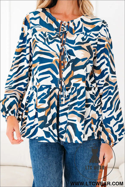 Blue Zebra Print Tied Front Puff Sleeve Top - L.T.C Wear Online Fashion Store