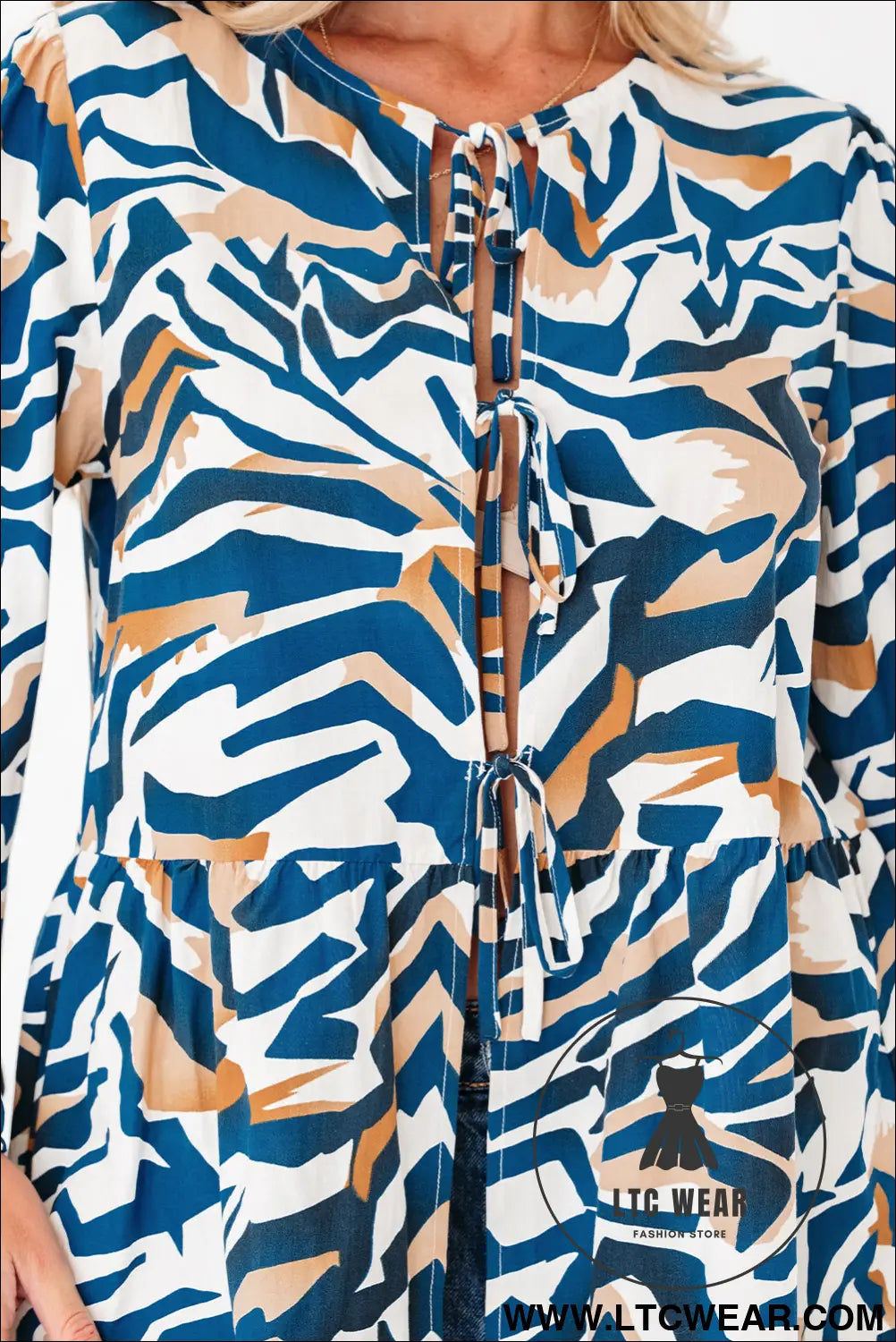 Blue Zebra Print Tied Front Puff Sleeve Top - L.T.C Wear Online Fashion Store