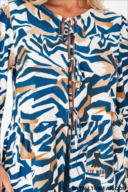 Blue Zebra Print Tied Front Puff Sleeve Top - L.T.C Wear Online Fashion Store