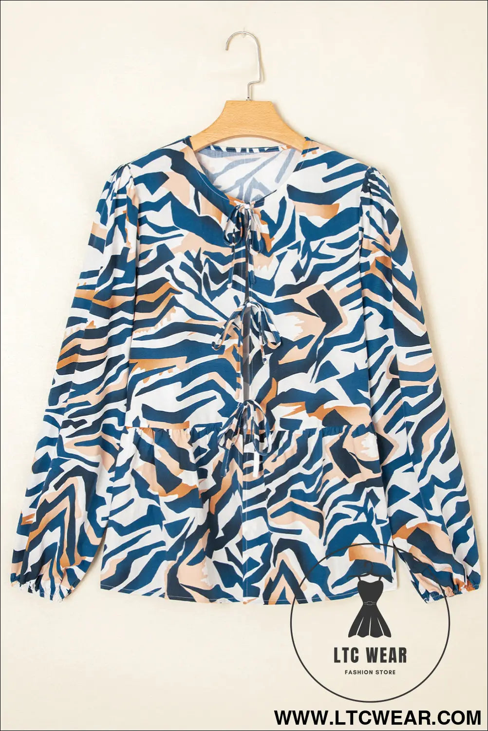 Blue Zebra Print Tied Front Puff Sleeve Top - L.T.C Wear Online Fashion Store