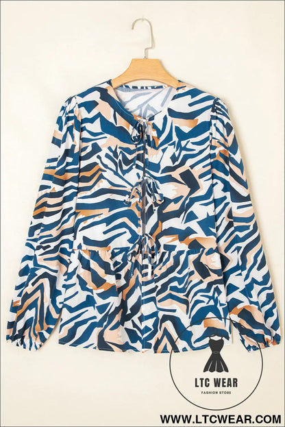 Blue Zebra Print Tied Front Puff Sleeve Top - L.T.C Wear Online Fashion Store