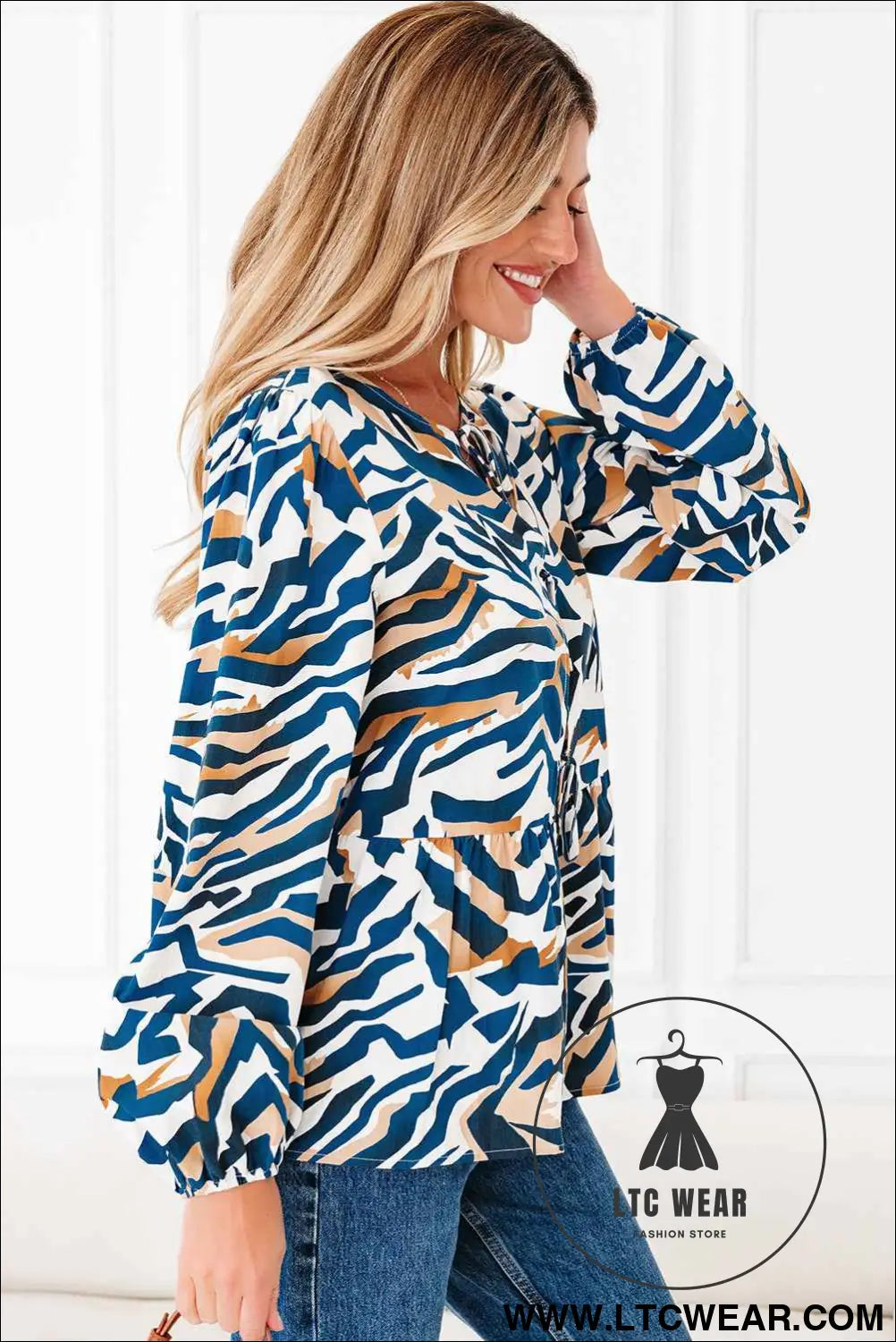 Blue Zebra Print Tied Front Puff Sleeve Top
