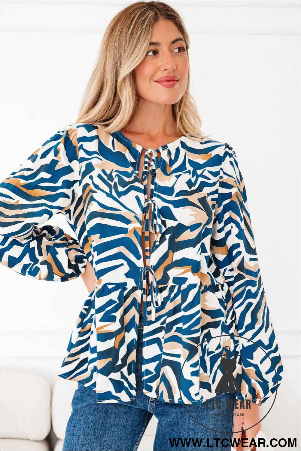 Blue Zebra Print Tied Front Puff Sleeve Top