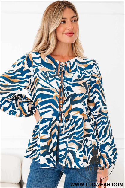 Blue Zebra Print Tied Front Puff Sleeve Top