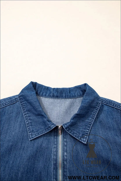 Blue zip up collared short sleeve shift mini denim dress - 30%