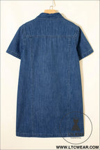 Blue zip up collared short sleeve shift mini denim dress - 30%