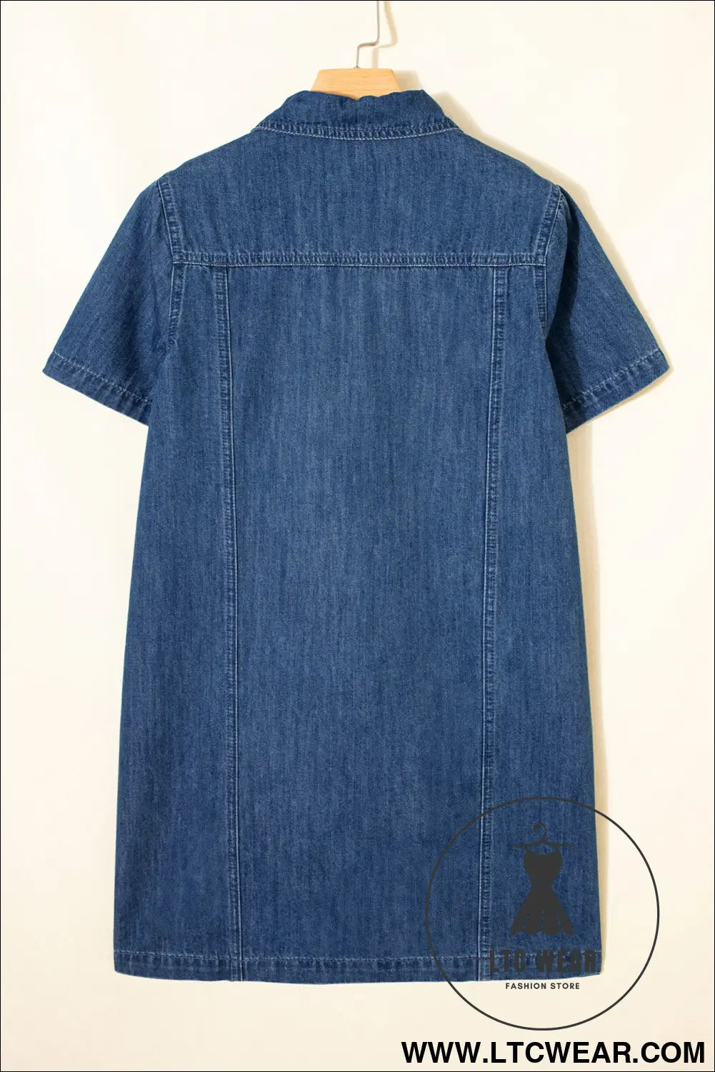 Blue zip up collared short sleeve shift mini denim dress - 30%