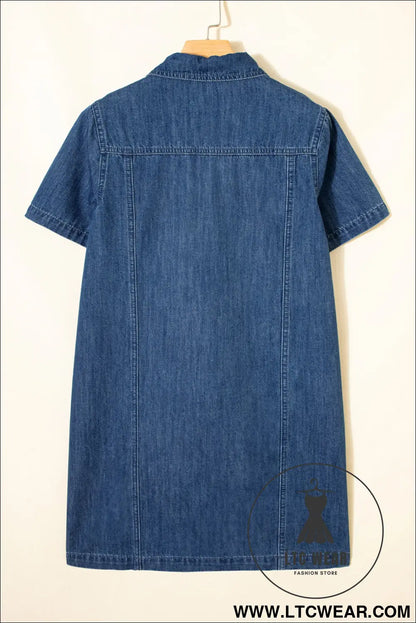 Blue zip up collared short sleeve shift mini denim dress - 30%
