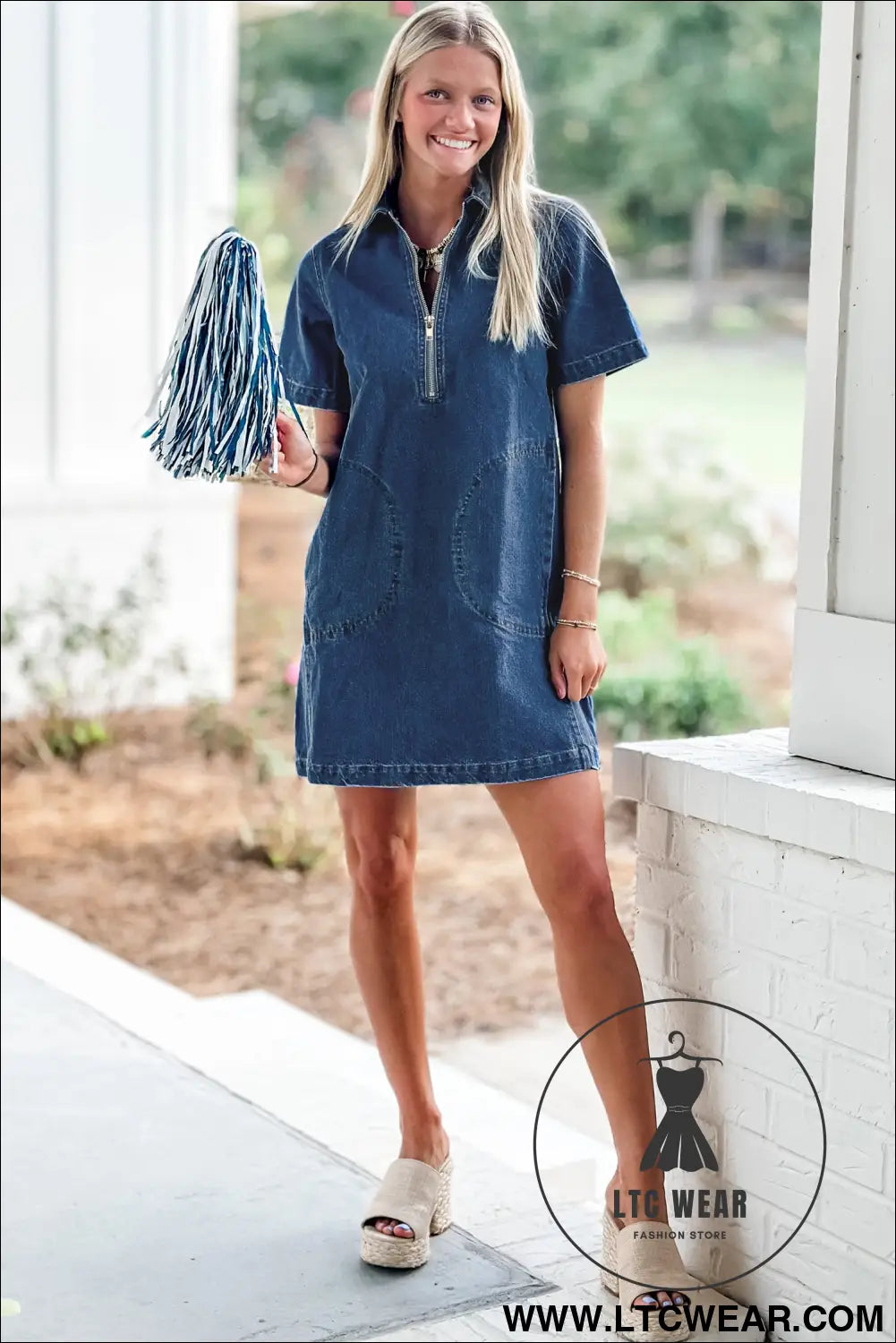 Blue zip up collared short sleeve shift mini denim dress - 30%
