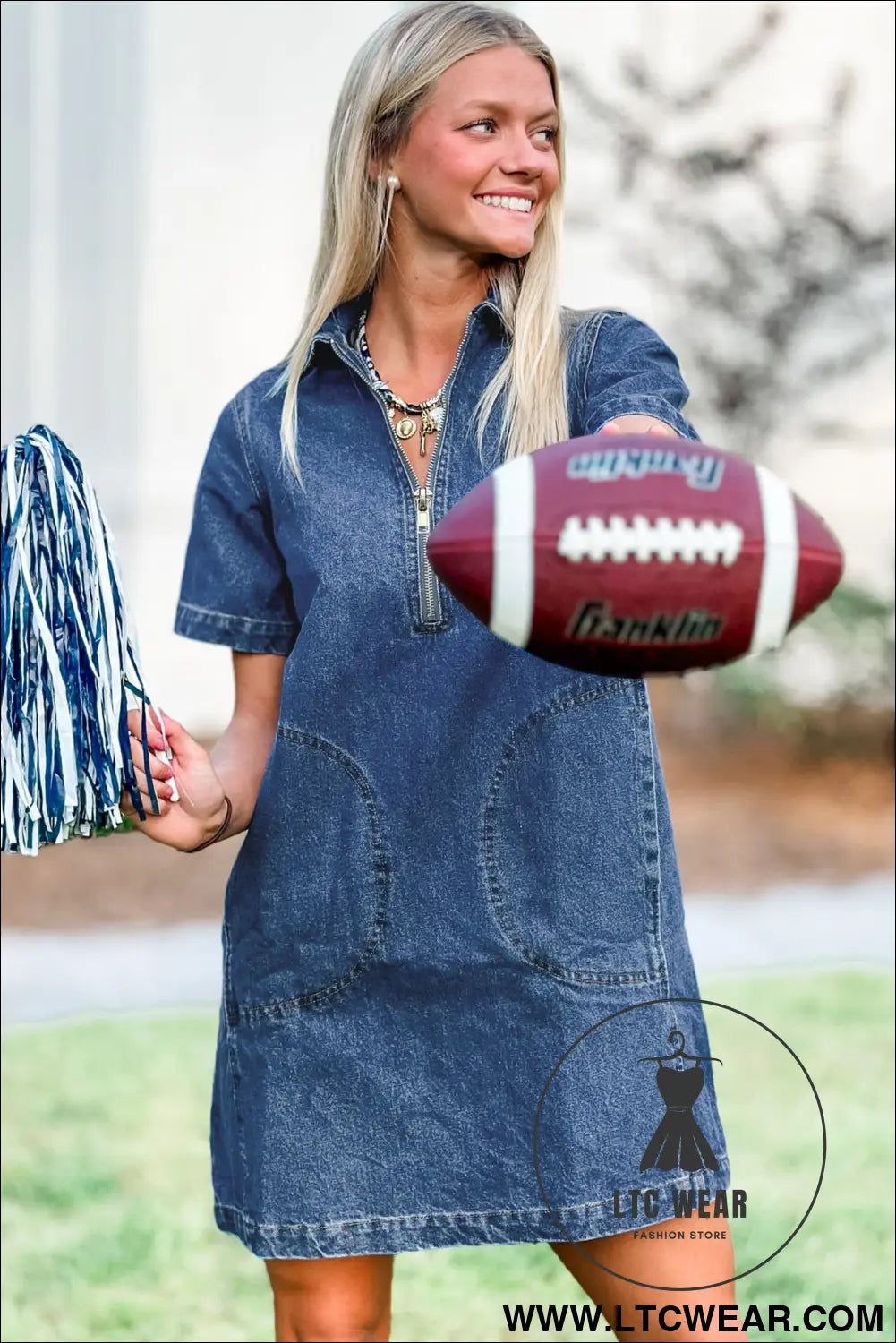 Blue zip up collared short sleeve shift mini denim dress - 30%