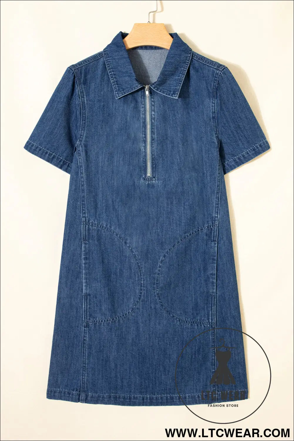Blue zip up collared short sleeve shift mini denim dress - 30%