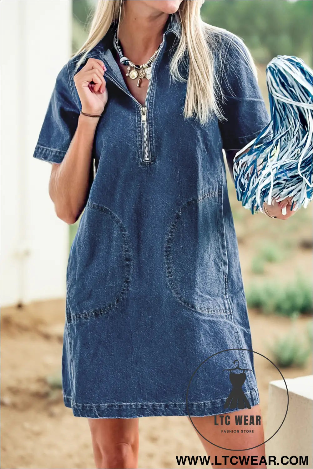 Blue zip up collared short sleeve shift mini denim dress - blue / l / 85% cotton + 15% polyester - 30%