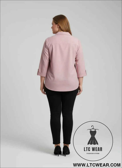 Blush Roll Sleeve Blouse with Utility Button Front