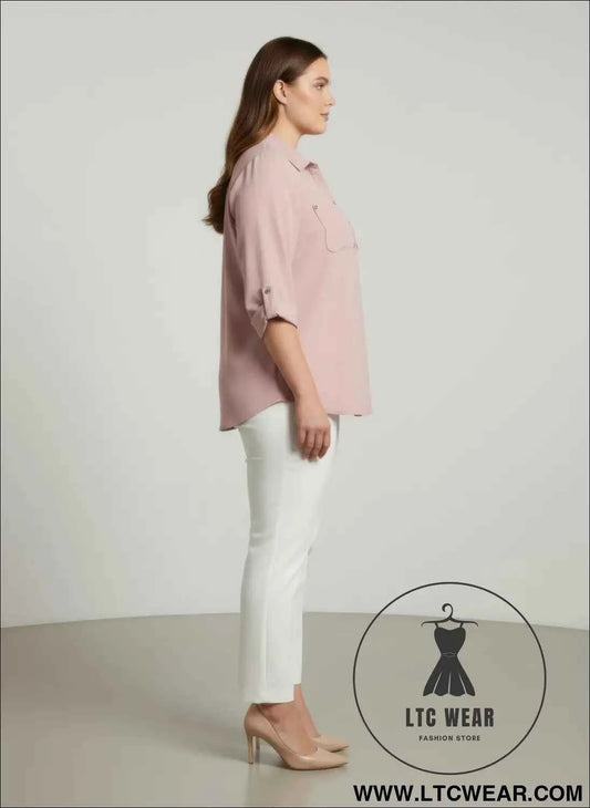 Blush Roll Sleeve Blouse with Utility Button Front